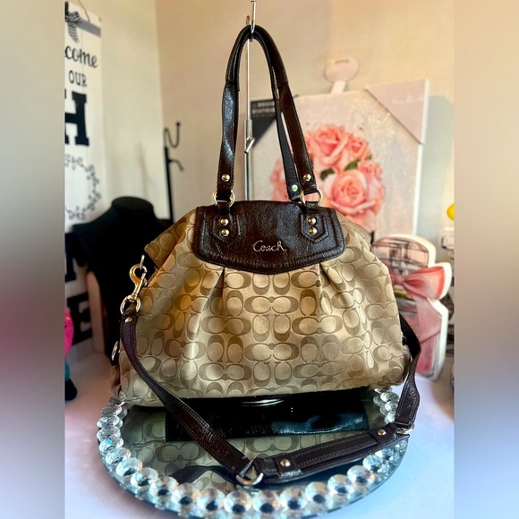 Coach Ashley Signature Khaki  canvas and Brown Leather Bag 2-Way - Picture 1 of 10